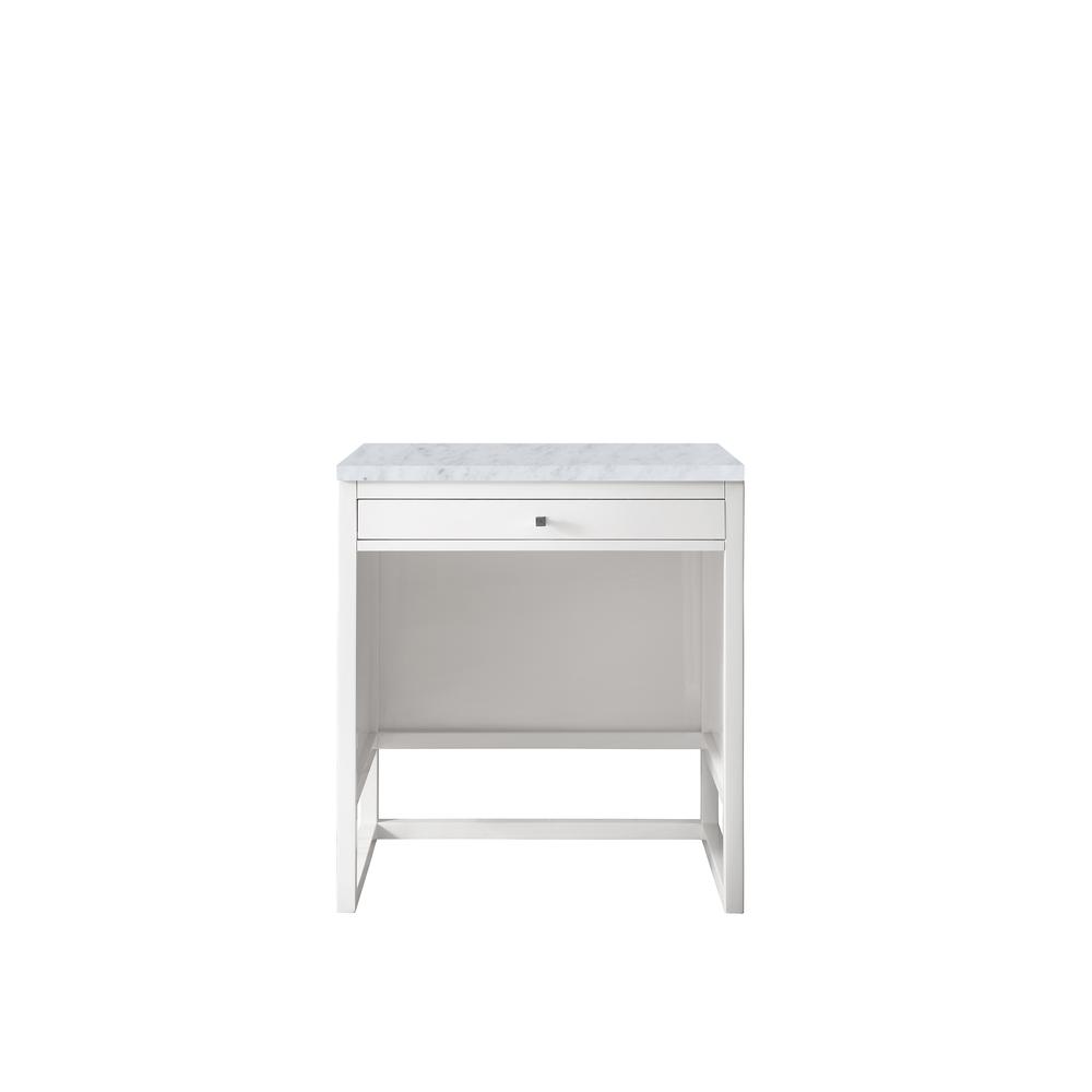30"  Countertop  Unit (makeup counter), Glossy White w/ 3 CM Carrara Marble Top. Picture 1
