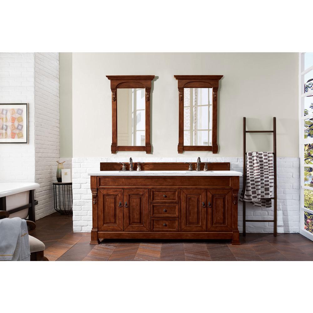 Brookfield 72" Double Vanity, Warm Cherry w/ 3 CM Arctic Fall Solid Surface Top. Picture 2