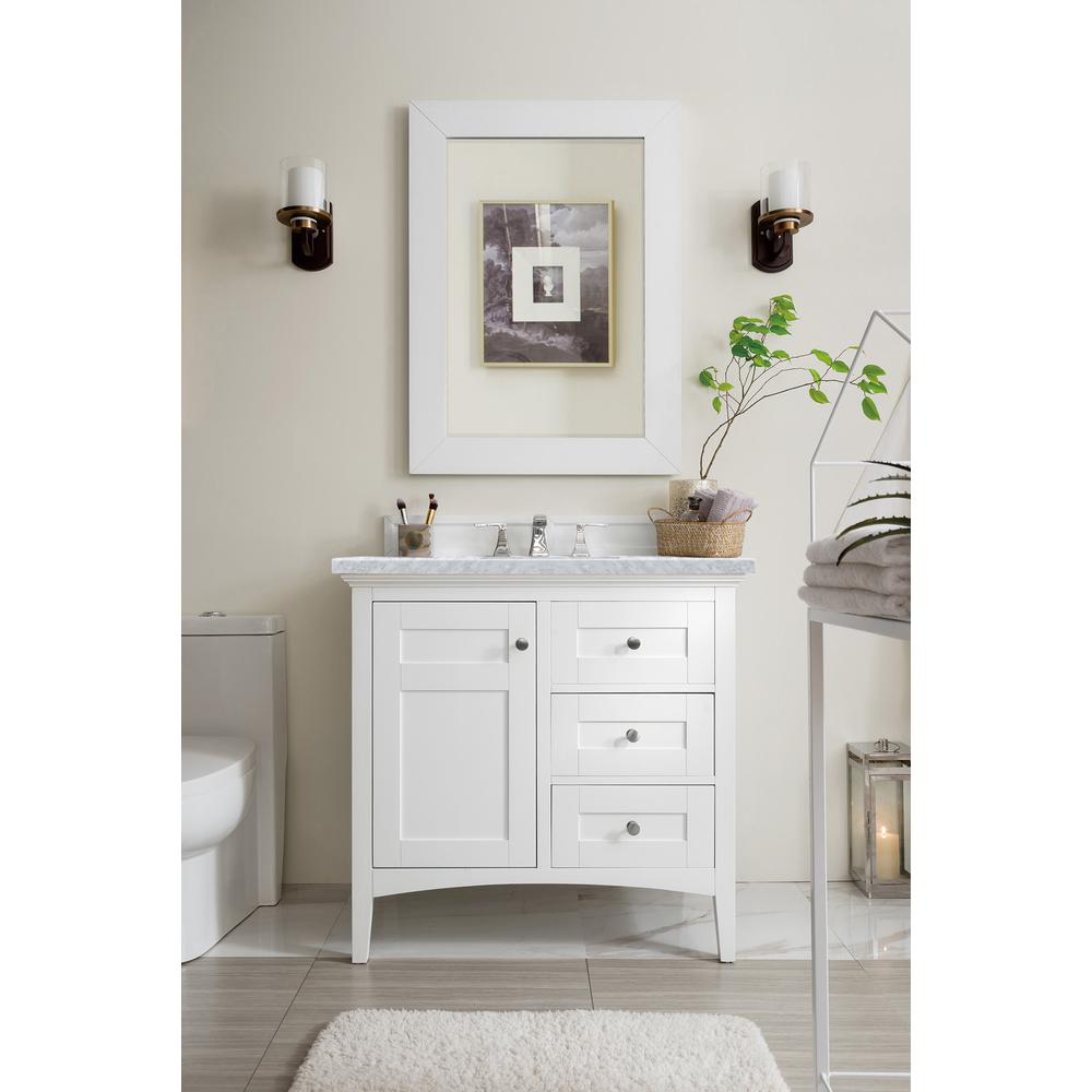 Palisades 36" Single Vanity, Bright White w/ 3 CM Carrara Marble Top. Picture 1