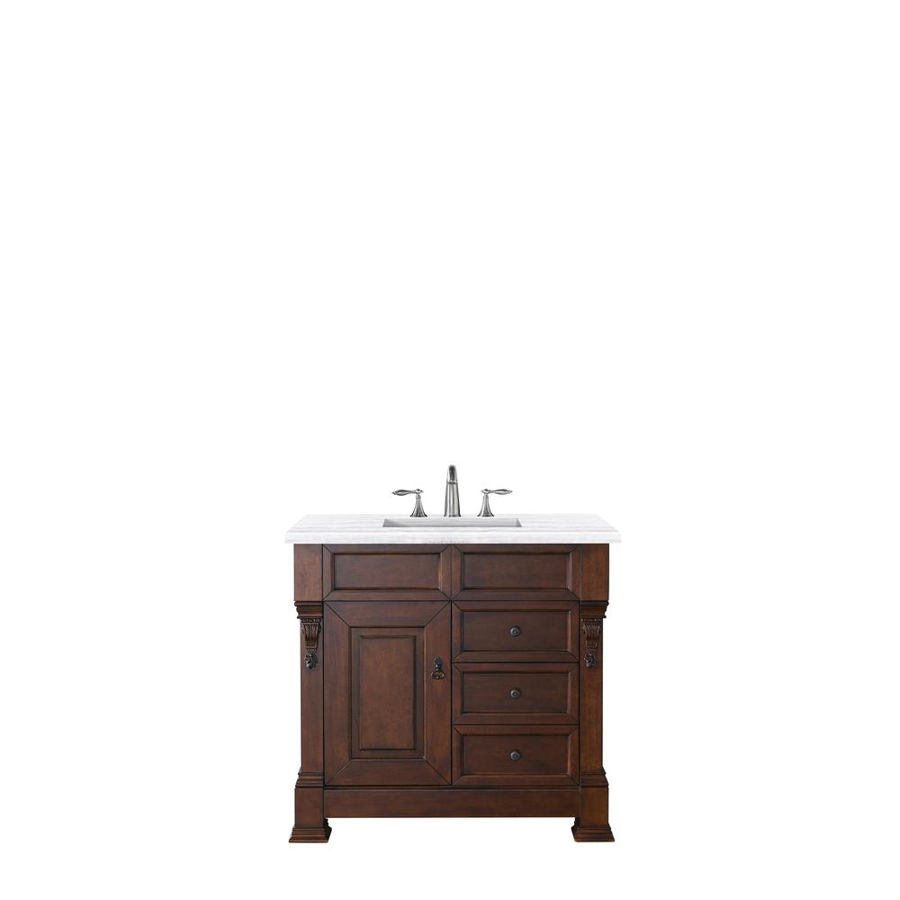 Brookfield 36" Single Vanity, Warm Cherry w/ 3 CM Arctic Fall Solid Surface Top. Picture 1