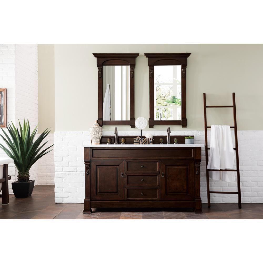 Brookfield 60" Double Vanity, Burnished Mahogany w/ 3 CM Carrara Marble Top. Picture 2