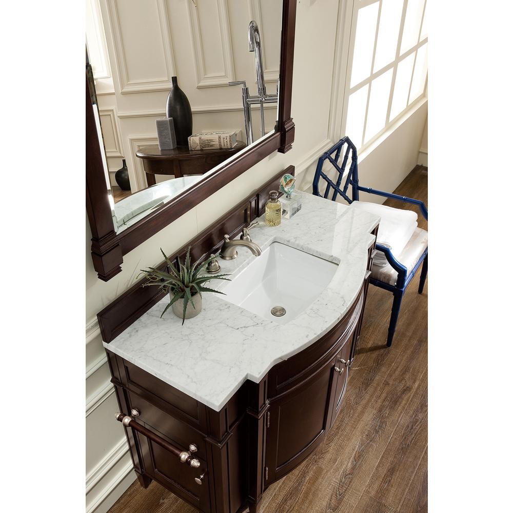 Brittany 46" Single Vanity, Burnished Mahogany w/ 3 CM Carrara Marble Top. Picture 5