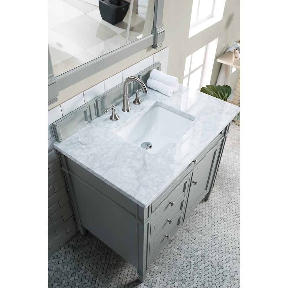 Brittany 36" Urban Gray Single Vanity w/ 3 CM Carrara Marble Top. Picture 3