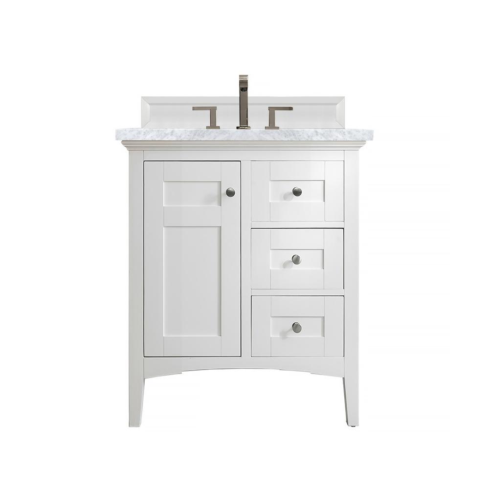 Palisades 30" Single Vanity, Bright White w/ 3 CM Carrara Marble Top. Picture 1