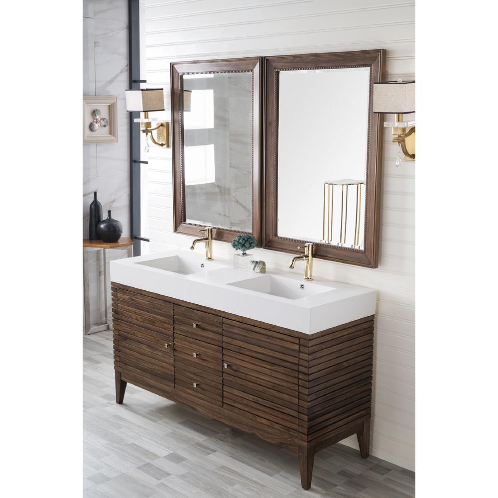 Linear 59" Double Vanity, Mid Century Walnut w/ Glossy White Composite Top. Picture 3