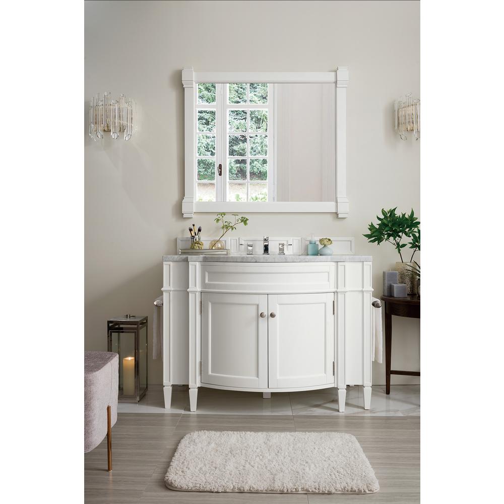 Brittany 46" Single Vanity, Bright White w/ 3 CM Carrara Marble Top. Picture 2