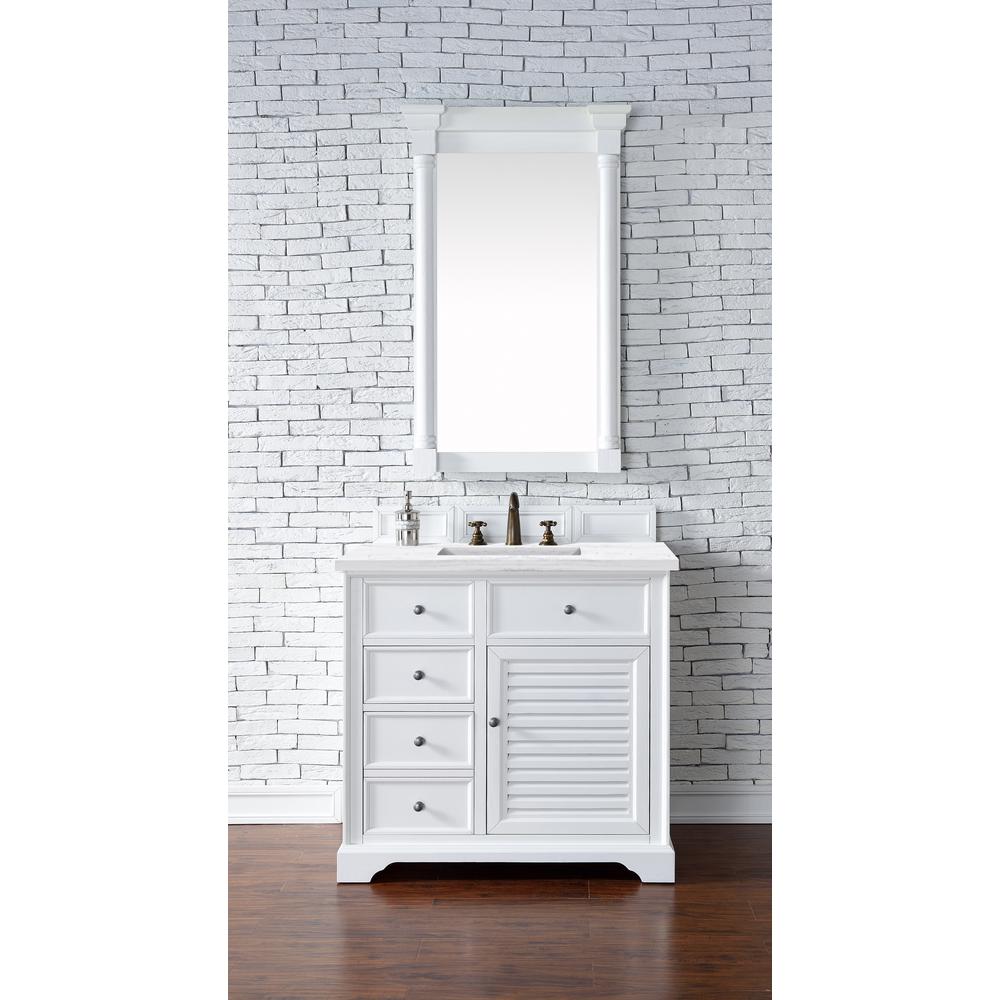 Savannah 36" Bright White Single Vanity w/ 3 CM Arctic Fall Solid Surface Top. Picture 2