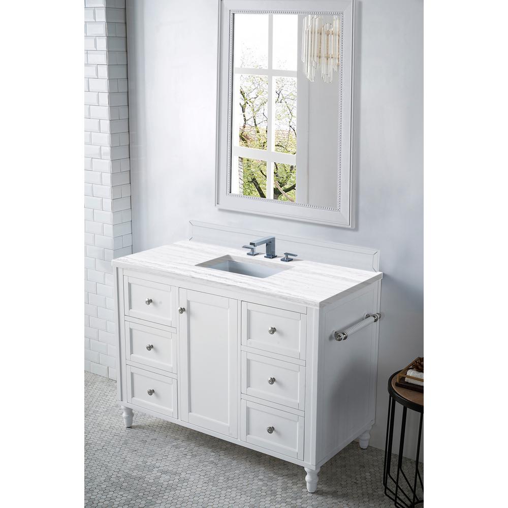 48" Single Vanity, Bright White w/ 3 CM Arctic Fall Solid Surface Top. Picture 3
