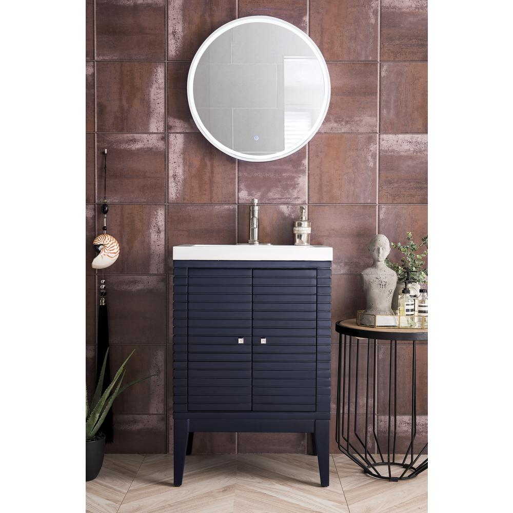 Linden 24" Single Vanity Cabinet, Navy Blue w/ White Glossy Composite Countertop. Picture 2
