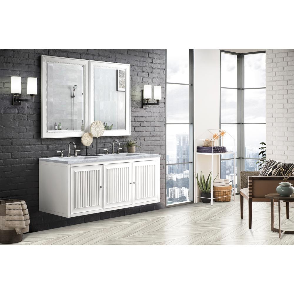 Athens 60" Double Vanity Cabinet, Glossy White, w/ 3 CM Carrara White Top. Picture 5