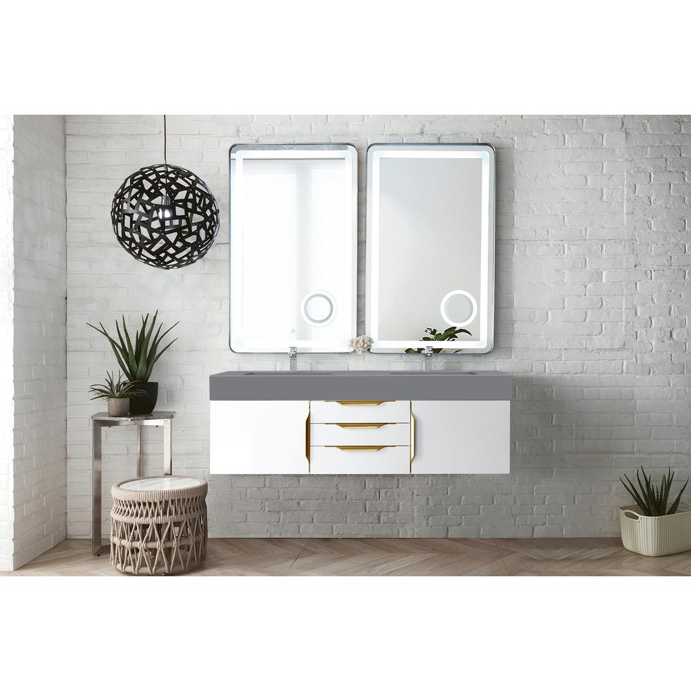 59" Double Vanity, Glossy White, Radiant Gold w/ Dusk Grey Glossy Composite Top. Picture 2