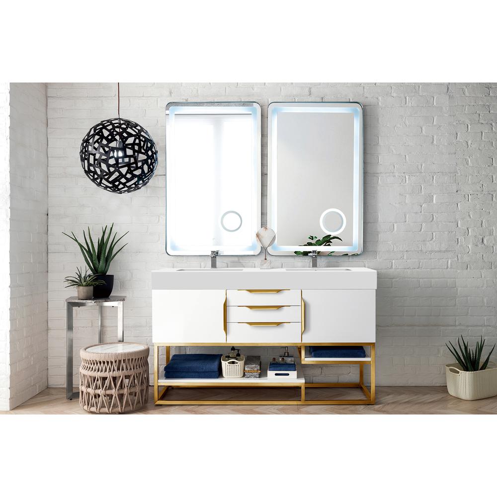 59" Double Vanity, Glossy White, Radiant Gold w/ Glossy White Composite Top. Picture 3