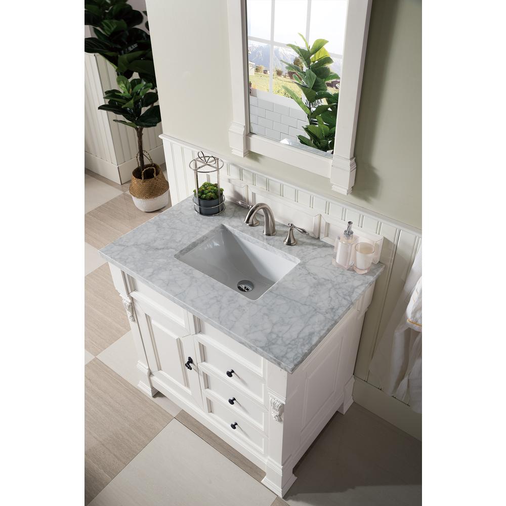 Brookfield 36" Single Vanity, Bright White w/ 3 CM Carrara Marble Top. Picture 5