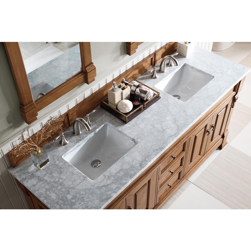 Brookfield 72" Double Vanity, Country Oak w/ 3 CM Carrara Marble Top. Picture 5