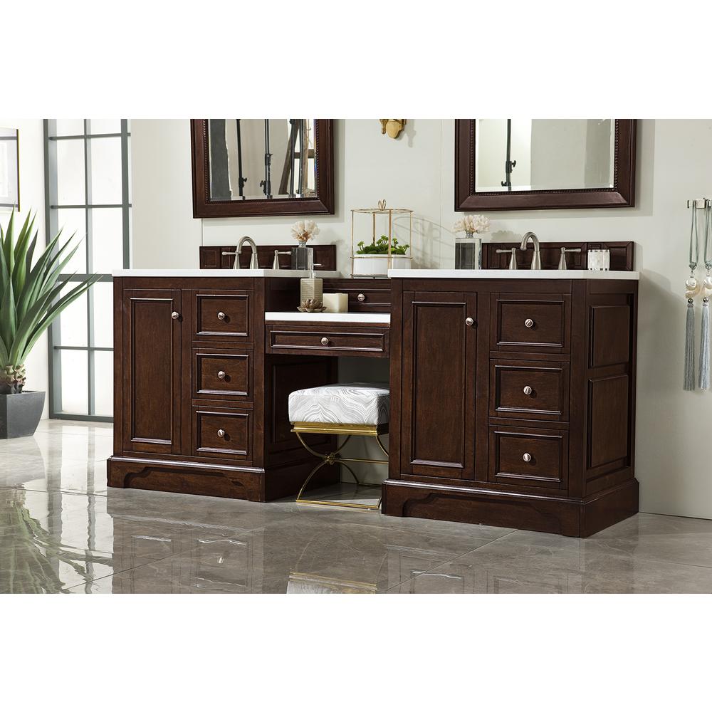 82" Double Vanity Set, Burnished Mahogany w/ Makeup Table, Solid Surface Top. Picture 4