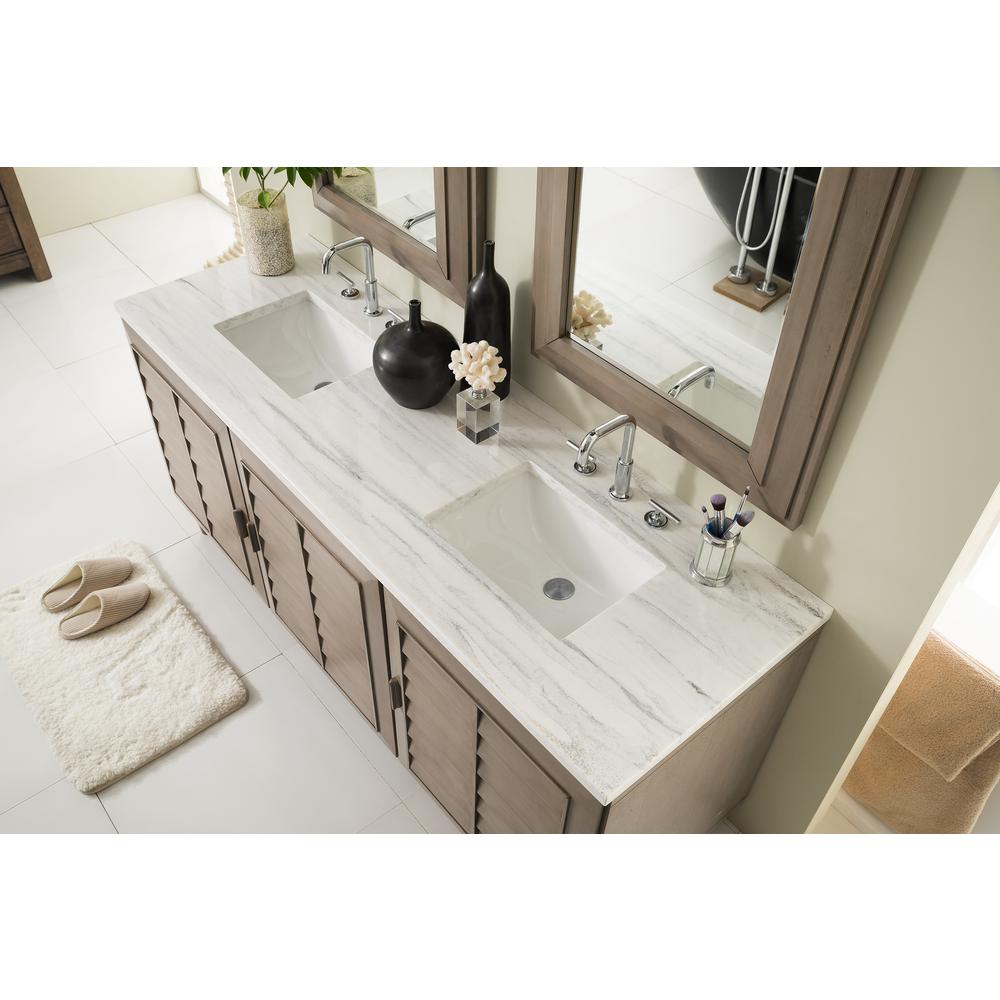 72" Double Vanity Whitewashed Walnut w/ 3 CM Arctic Fall Solid Surface Top. Picture 7