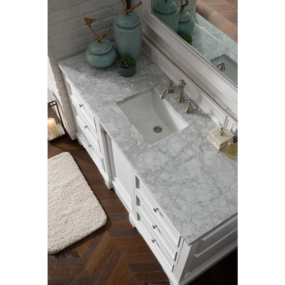 De Soto 60" Single Vanity, Bright White w/ 3 CM Carrara Marble Top. Picture 3