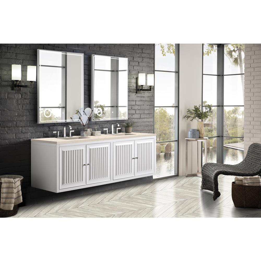 Athens 72" Double Vanity Cabinet, Glossy White, w/ 3 CM Eternal Marfil Top. Picture 6