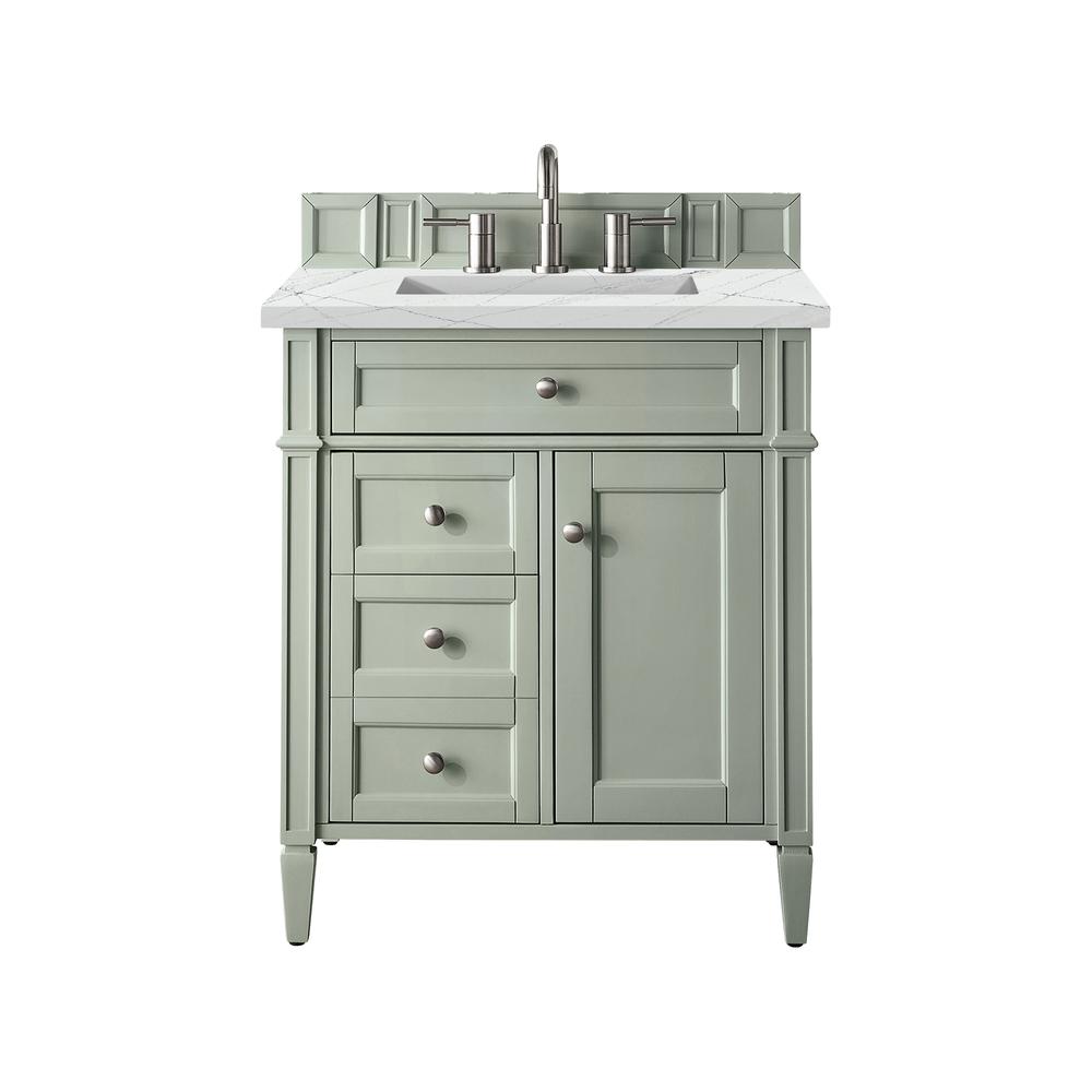 Brittany 30" Single Vanity, Sage Green, w/ 3 CM Ethereal Noctis Quartz Top. Picture 1
