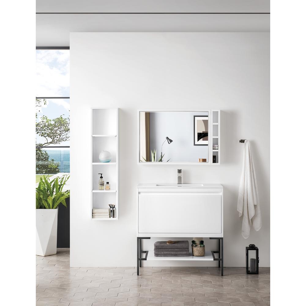 35.4" Single Vanity Cabinet, Glossy White, Matte Black Composite Top. Picture 2