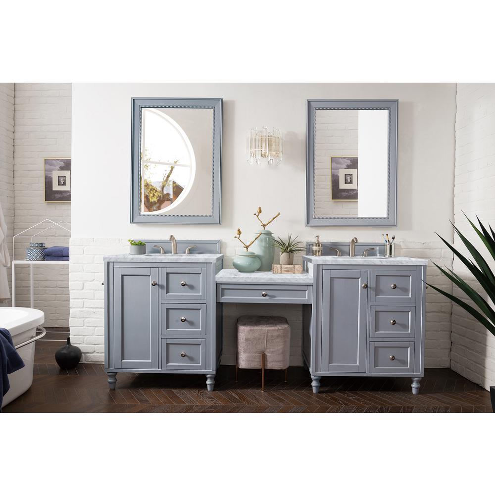 86" Double Vanity Set, Silver Gray w/ Makeup Table, 3 CM Carrara Marble Top. Picture 1