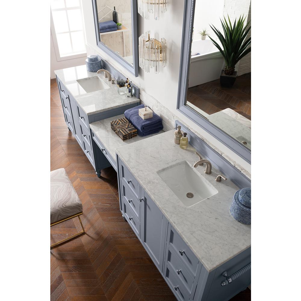 122" Double Vanity Set, Silver Gray w/ Makeup Table, 3 CM Carrara Marble Top. Picture 2