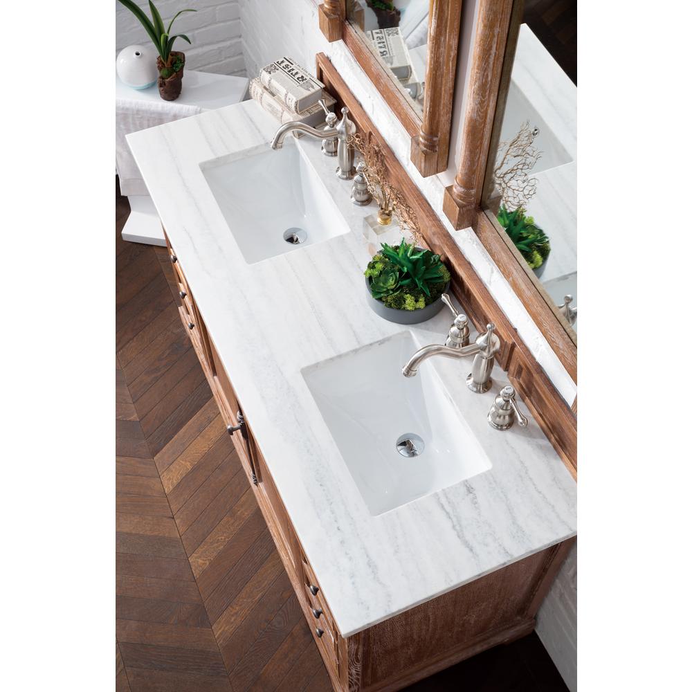 Providence 60" Driftwood Double Vanity w/ 3 CM Arctic Fall Solid Surface Top. Picture 5