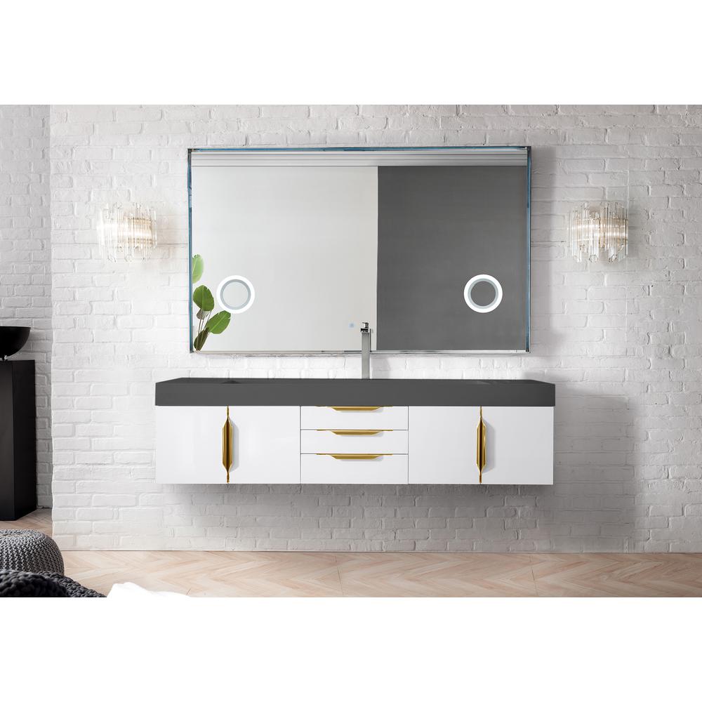 72" Single Vanity, Glossy White, Radiant Gold w/ Dusk Grey Glossy Composite Top. Picture 2