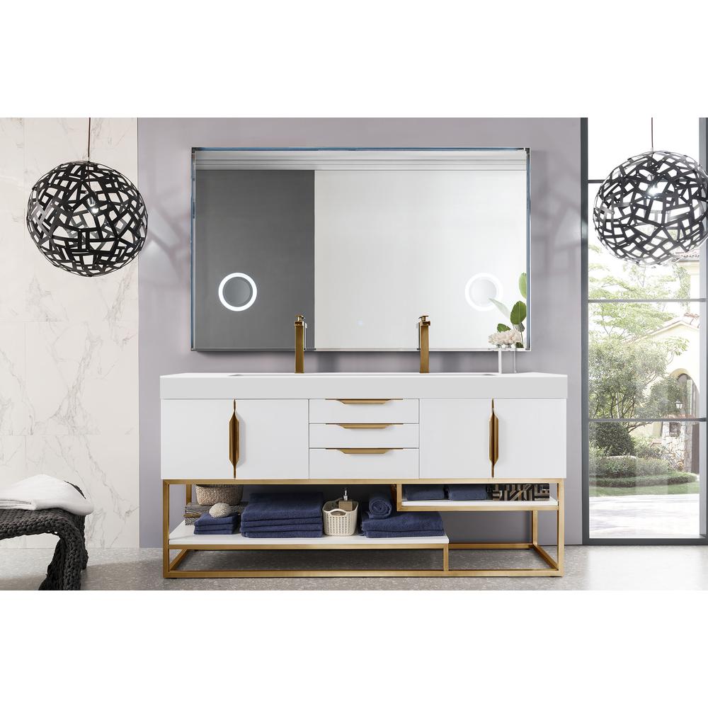 72" Double Vanity, Glossy White, Radiant Gold w/ Glossy White Composite Top. Picture 2