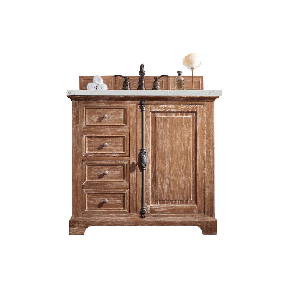 36" Single Vanity Cabinet, Driftwood, w/ 3 CM Ethereal Noctis Quartz Top. Picture 1