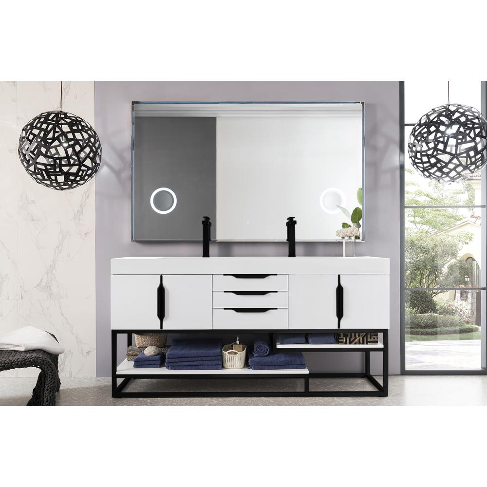72" Double Vanity, Glossy White, Matte Black w/ Glossy White Composite Top. Picture 2