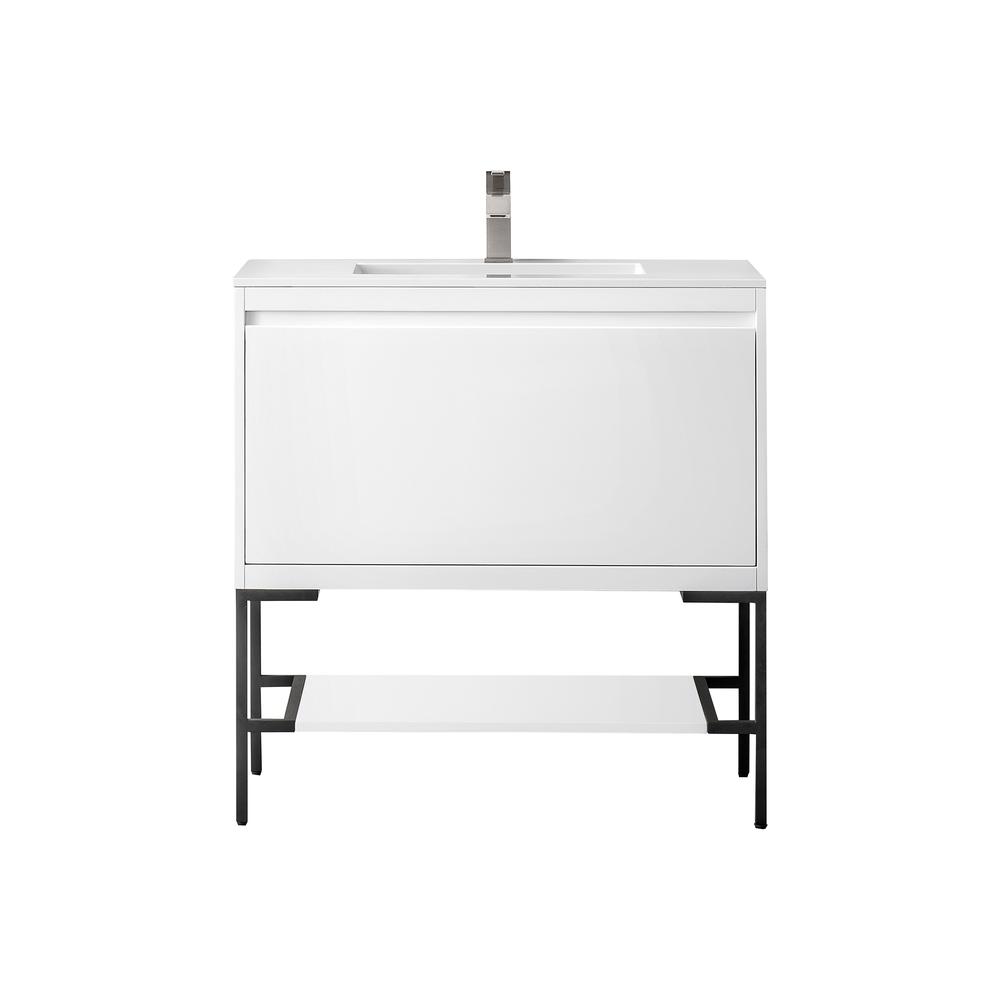 35.4" Single Vanity Cabinet, Glossy White, Matte Black Composite Top. Picture 1