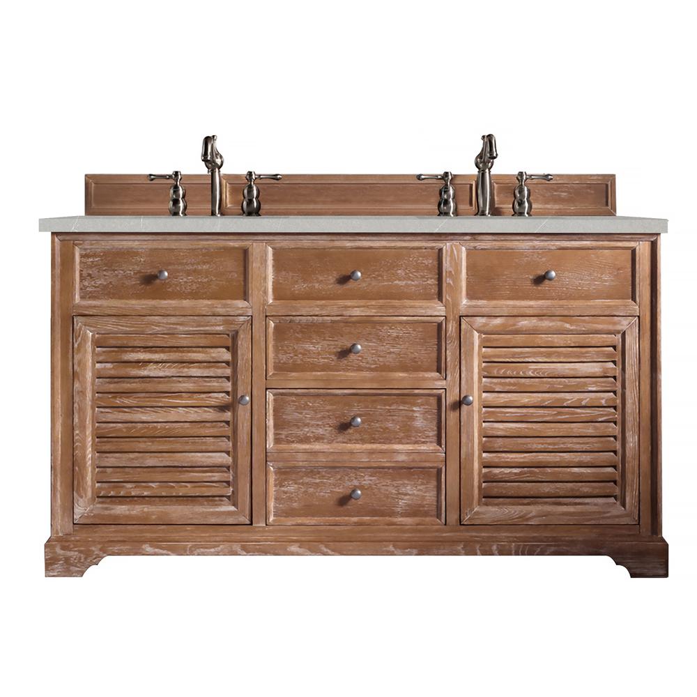 Savannah 60" Double Vanity Cabinet, Driftwood, w/ 3 CM Eternal Serena Quartz Top. Picture 1