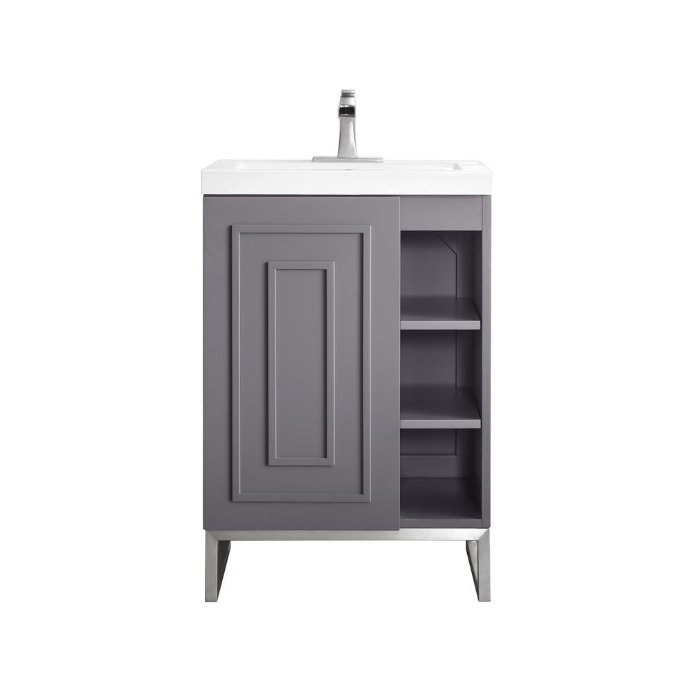 24" Single Vanity Cabinet, Grey Smoke, Brushed Nickel w/White Countertop. Picture 1