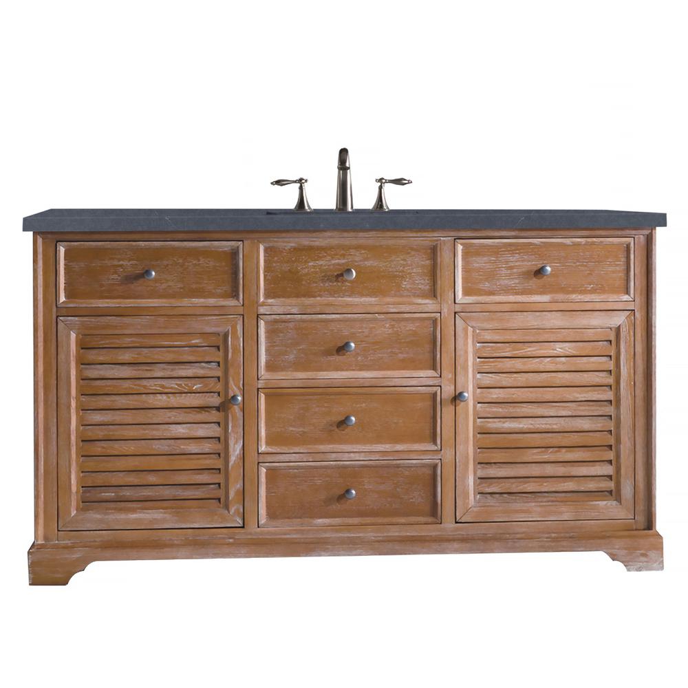 60" Single Vanity Cabinet, Driftwood, w/ 3 CM Charcoal Soapstone Quartz Top. Picture 1