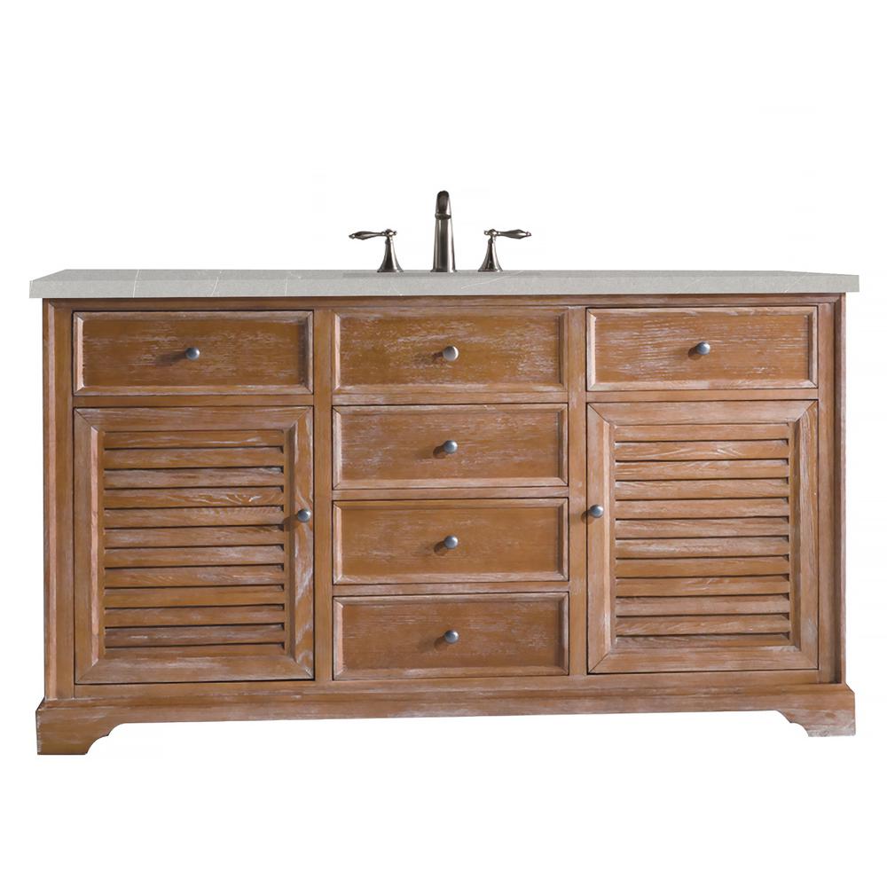 Savannah 60" Single Vanity Cabinet, Driftwood, w/ 3 CM Eternal Serena Quartz Top. Picture 1