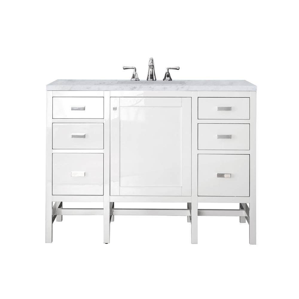 Addison 48" Single Vanity Cabinet, Glossy White, w/ 3 CM Carrara White Top. Picture 1