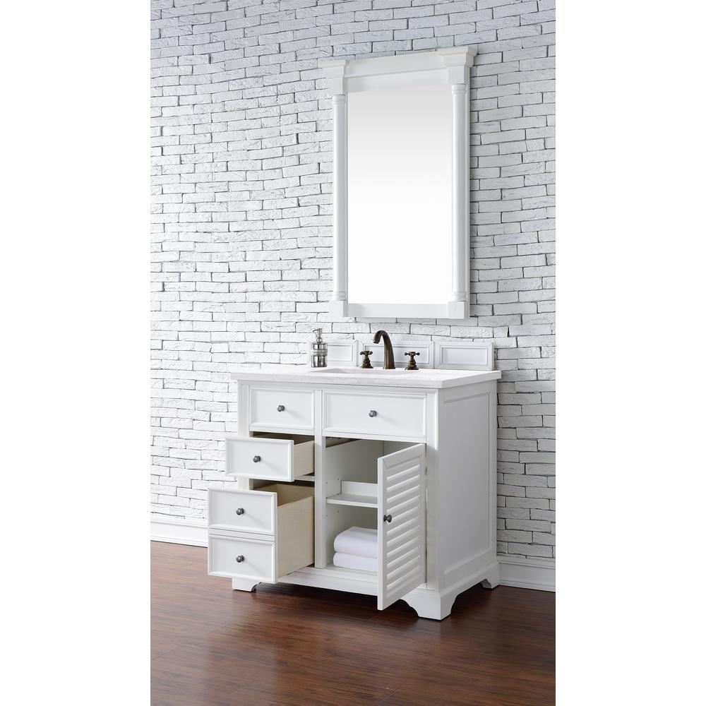 Savannah 36" Bright White Single Vanity w/ 3 CM Arctic Fall Solid Surface Top. Picture 4