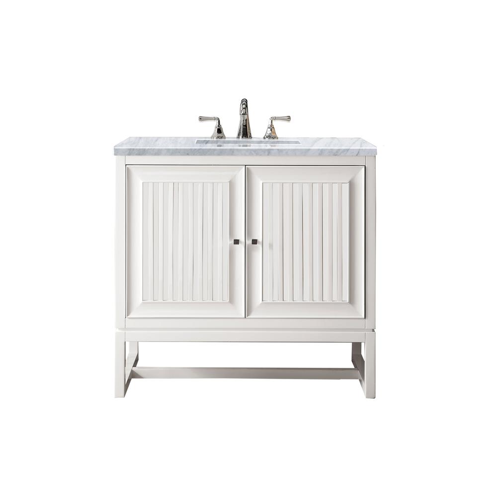 Athens 36" Single Vanity Cabinet, Glossy White, w/ 3 CM Carrara White Top. Picture 1