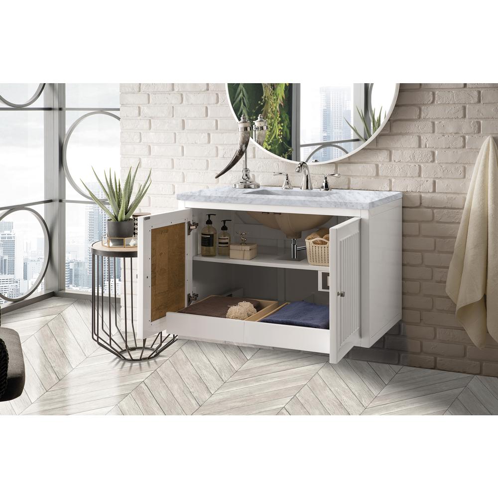 Athens 36" Single Vanity Cabinet, Glossy White, w/ 3 CM Carrara White Top. Picture 7