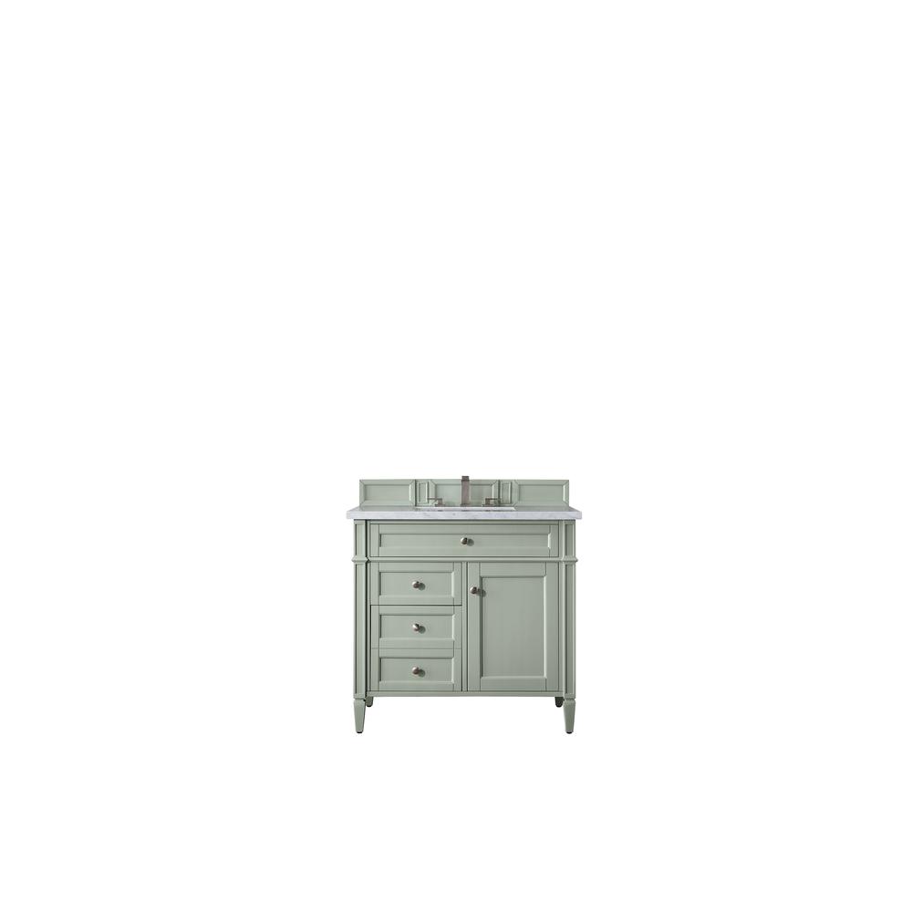 Brittany 36" Sage Green Single Vanity w/ 3 CM Arctic Fall Solid Surface Top. Picture 1