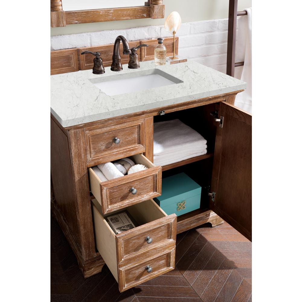 36" Single Vanity Cabinet, Driftwood, w/ 3 CM Eternal Jasmine Pearl Quartz Top. Picture 4