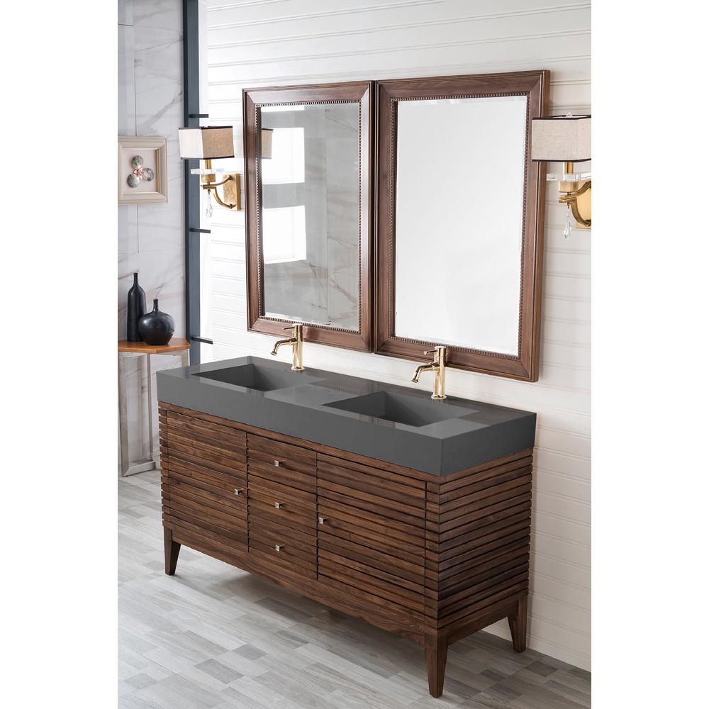 Linear 59" Double Vanity, Mid Century Walnut w/ Dusk Grey Glossy Composite Top. Picture 3