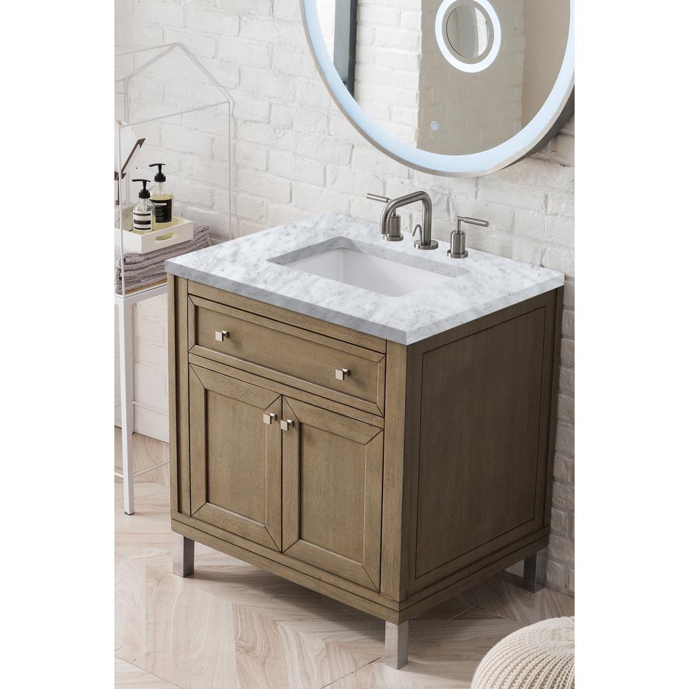 Chicago 30" Single Vanity, Whitewashed Walnut w/ 3 CM Carrara Marble Top. Picture 3