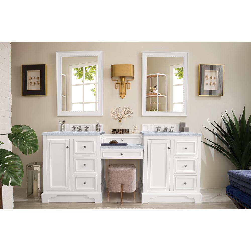 82" Double Vanity Set, Bright White w/ Makeup Table, 3 CM Carrara Marble Top. Picture 1