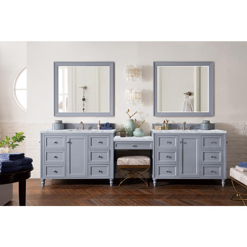 122" Double Vanity Set, Silver Gray w/ Makeup Table, 3 CM Carrara Marble Top. Picture 1