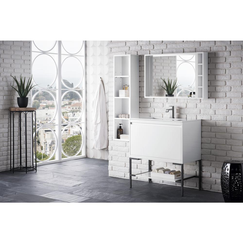 31.5" Single Vanity Cabinet, Glossy White, Matte Black Composite Top. Picture 3