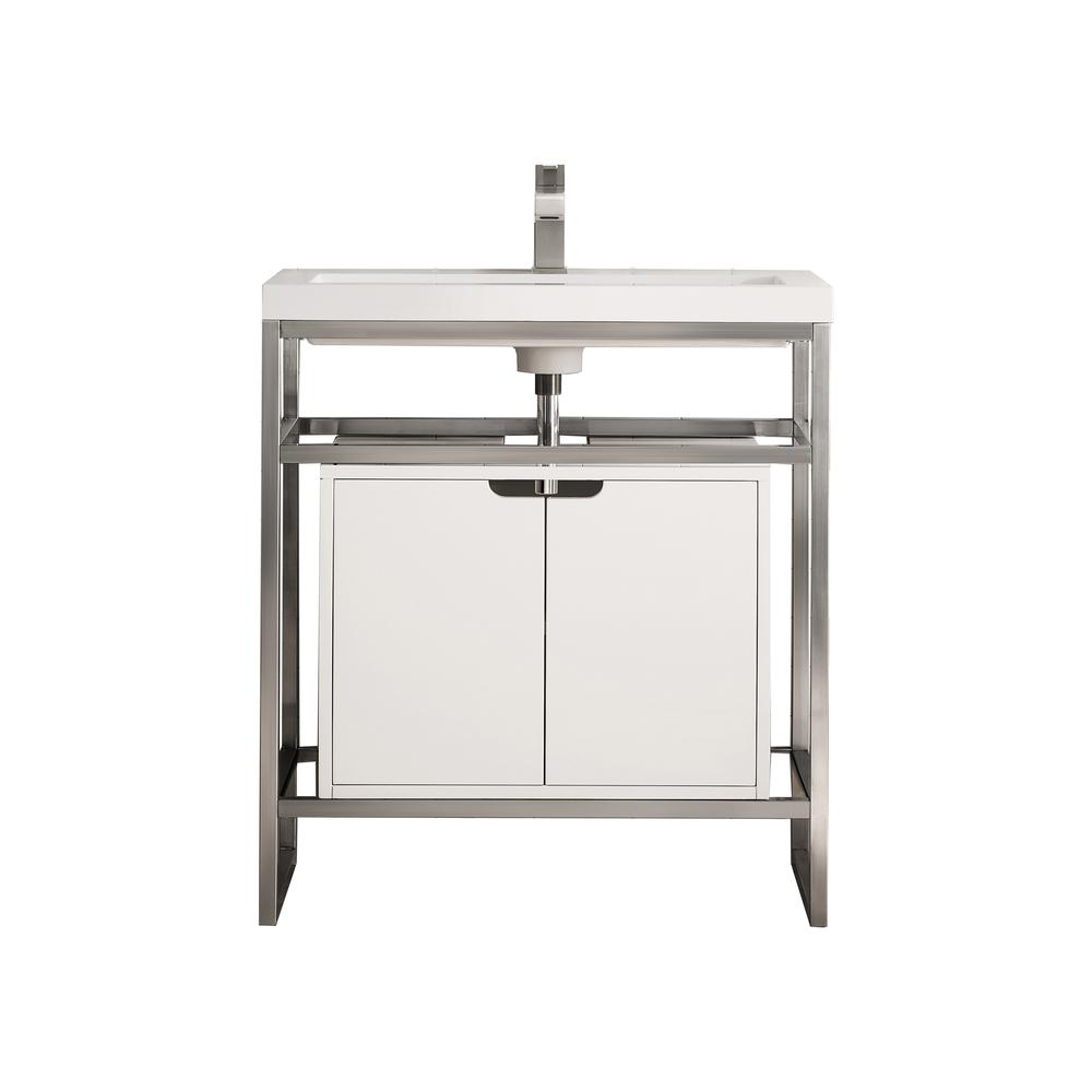 31.5" Stainless Steel Sink Console, White Storage Cabinet, White Countertop. Picture 1