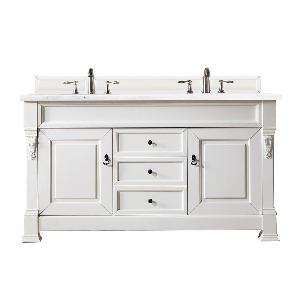 Brookfield 60" Double Vanity, Bright White w/ 3 CM Arctic Fall Solid Surface Top. Picture 1