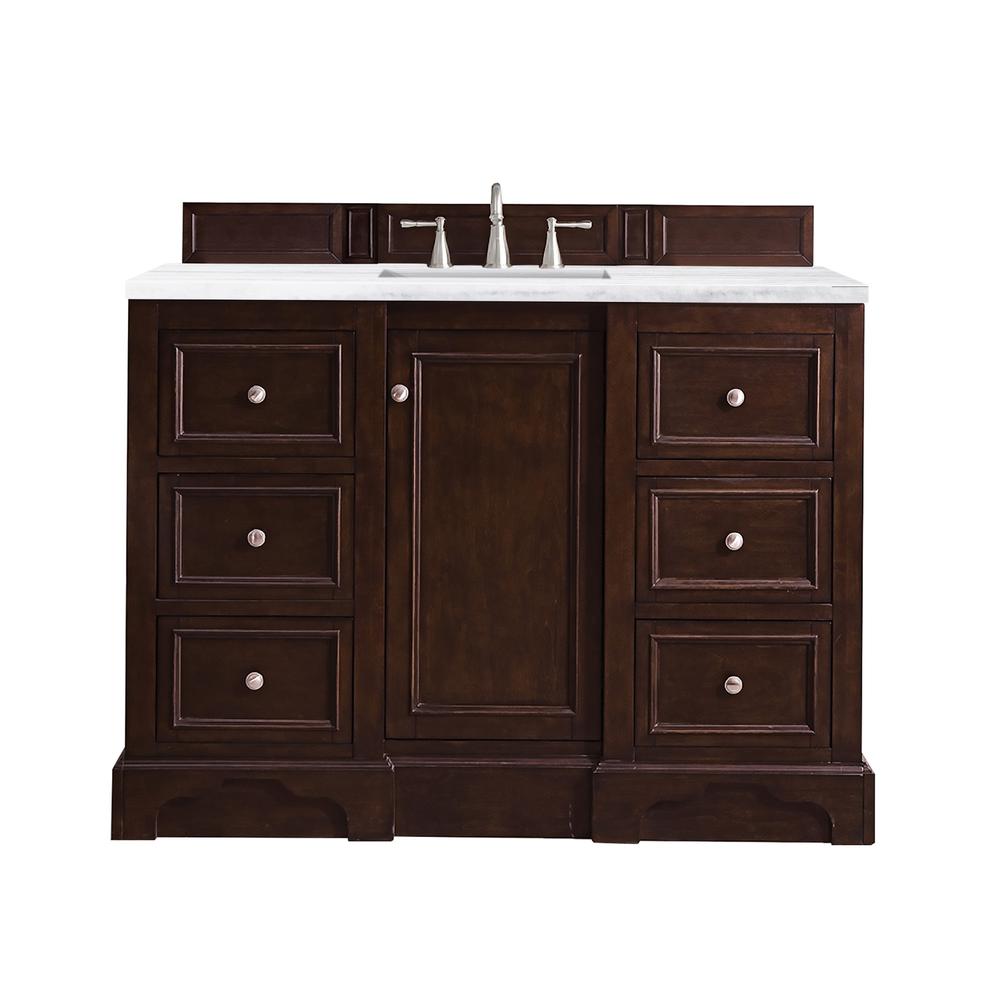 48" Single Vanity, Burnished Mahogany w/ 3 CM Arctic Fall Solid Surface Top. Picture 1